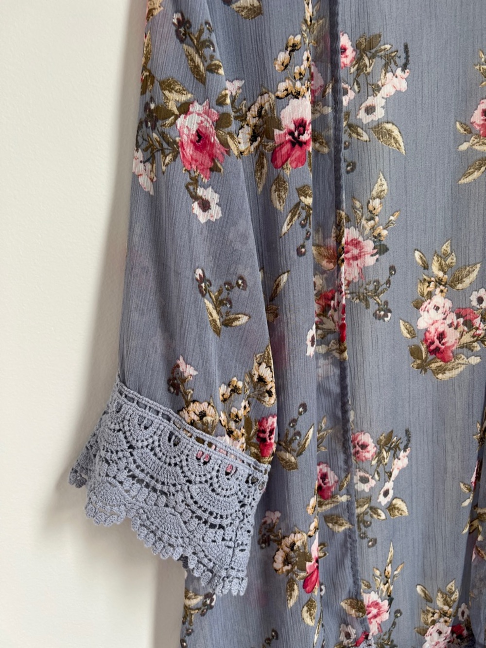 Sheer Floral Kimono Coverup Cardigan Dusty Blue Pink Roses #JFW49245GG Size S - Picture 8 of 17
